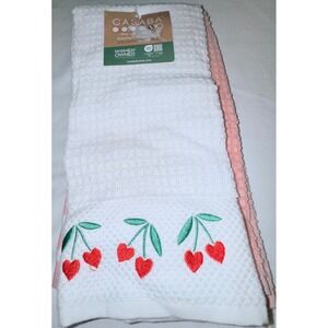 Casaba‎ Kitchen Towel Set Unisex OS White Pink NEW Heart Cherry Embroidered 2pk